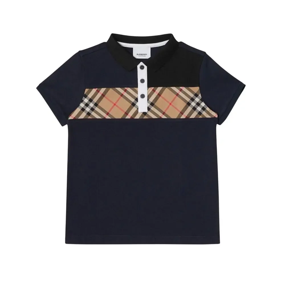 Burberry Boys Jeff Navy Blue Nova Check Color Block Polo Shirt Size 4 Youth